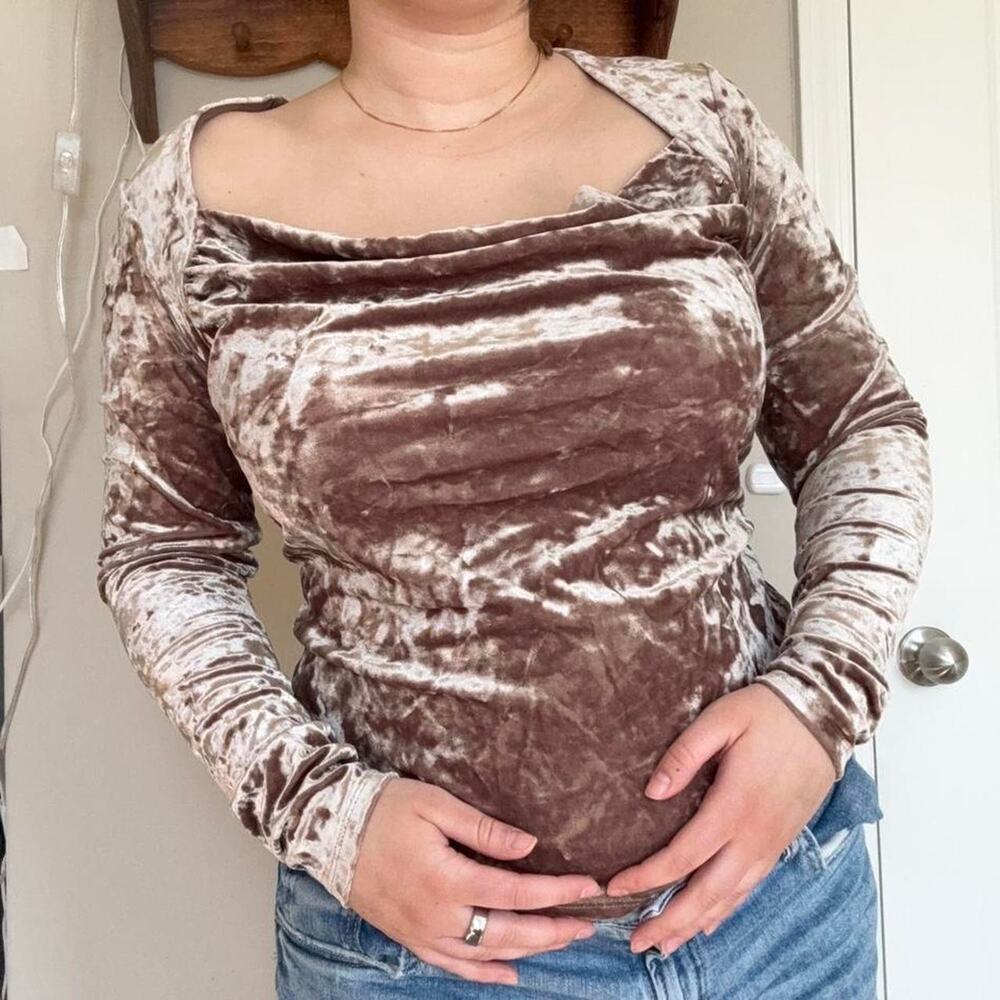 Free people tan crushed velvet square neck top long sleeve